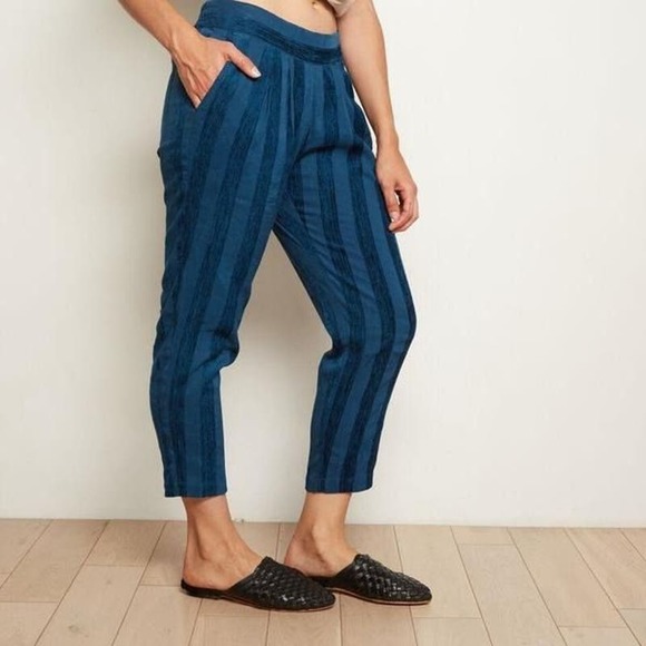The Odells Pleat Front Pull On Ankle Pants in Teal Velvet Stripe w Pockets - Picture 1 of 9